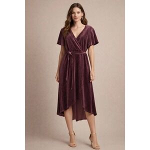 Badgley Mischka Glitter Velvet Wrap Dress High Low Flutter Sleeve Burgundy Sz SP